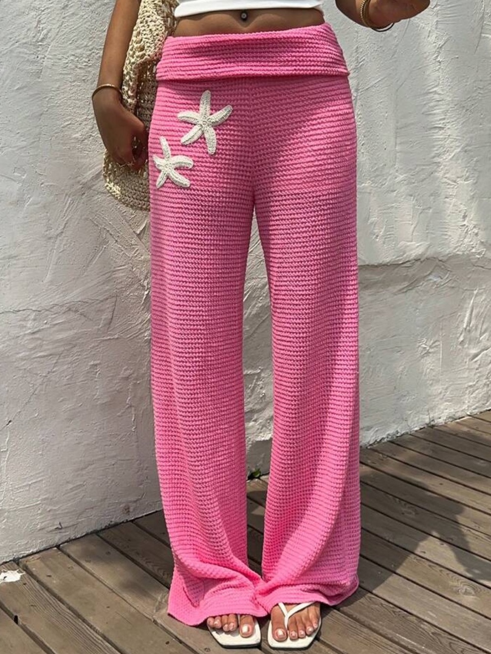 Pink Waffle Knit Wide Leg Pants with Starfish Detail